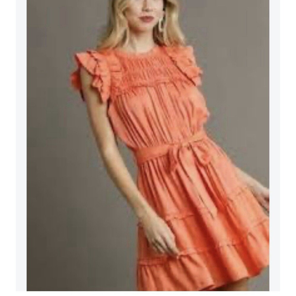 NWT Umgee Women’s Coral Ruffle Sleeve Tie Waist Mini Dress Size Medium Smocked